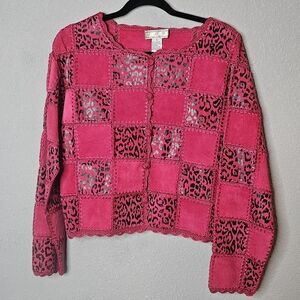 Vintage Fuschia Pink Womens‎ S Small Leather Short Jacket Patchwork Leopard Lace
